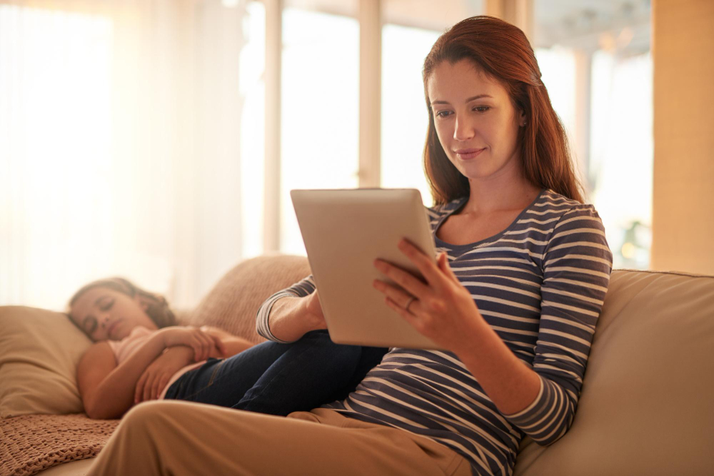 A mother sits on a sofa reading from a tablet while her child naps beside her. The warm, peaceful atmosphere highlights the value of digital parenting support resources that offer guidance, learning, and encouragement during quiet moments at home.