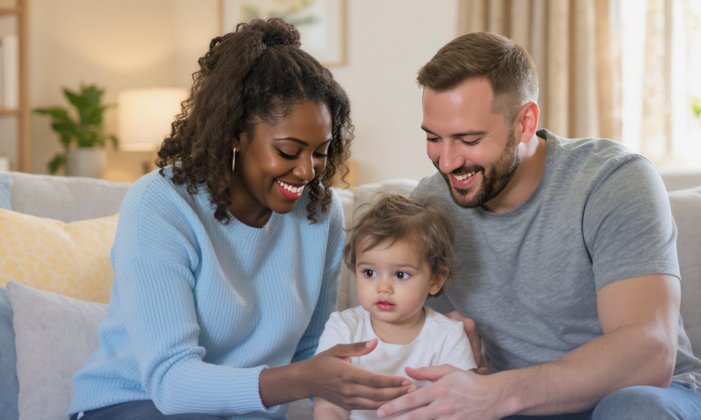 Two parents sit with their toddler in a warm, relaxed setting, using gentle discipline tips for toddlers like positive attention and calm presence.