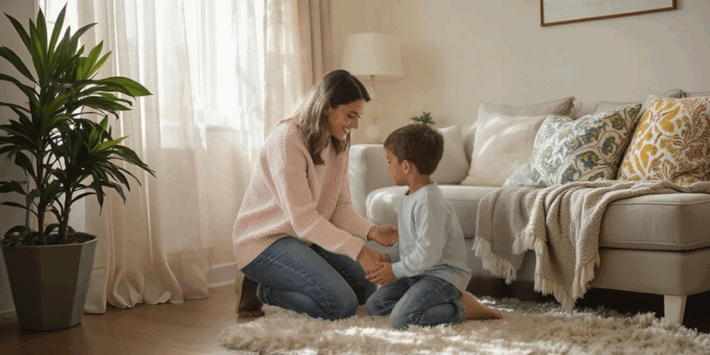 A mother kneels with her young son in a cozy living room, modeling gentle discipline tips for toddlers through calm connection.