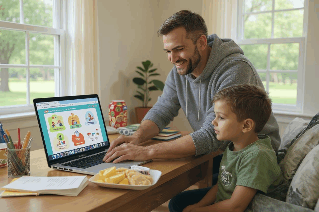 A smiling father sits beside his young son at a table, showing how parents can support online learning by guiding their child through a colorful educational website on a laptop. The child looks engaged as they explore learning activities together in a bright, cozy room.