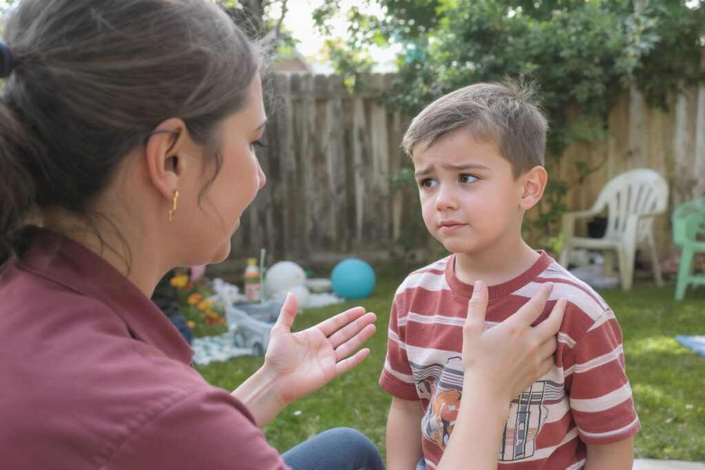 A concerned mother gently talks to her worried son in the backyard, using calm body language and supportive gestures.