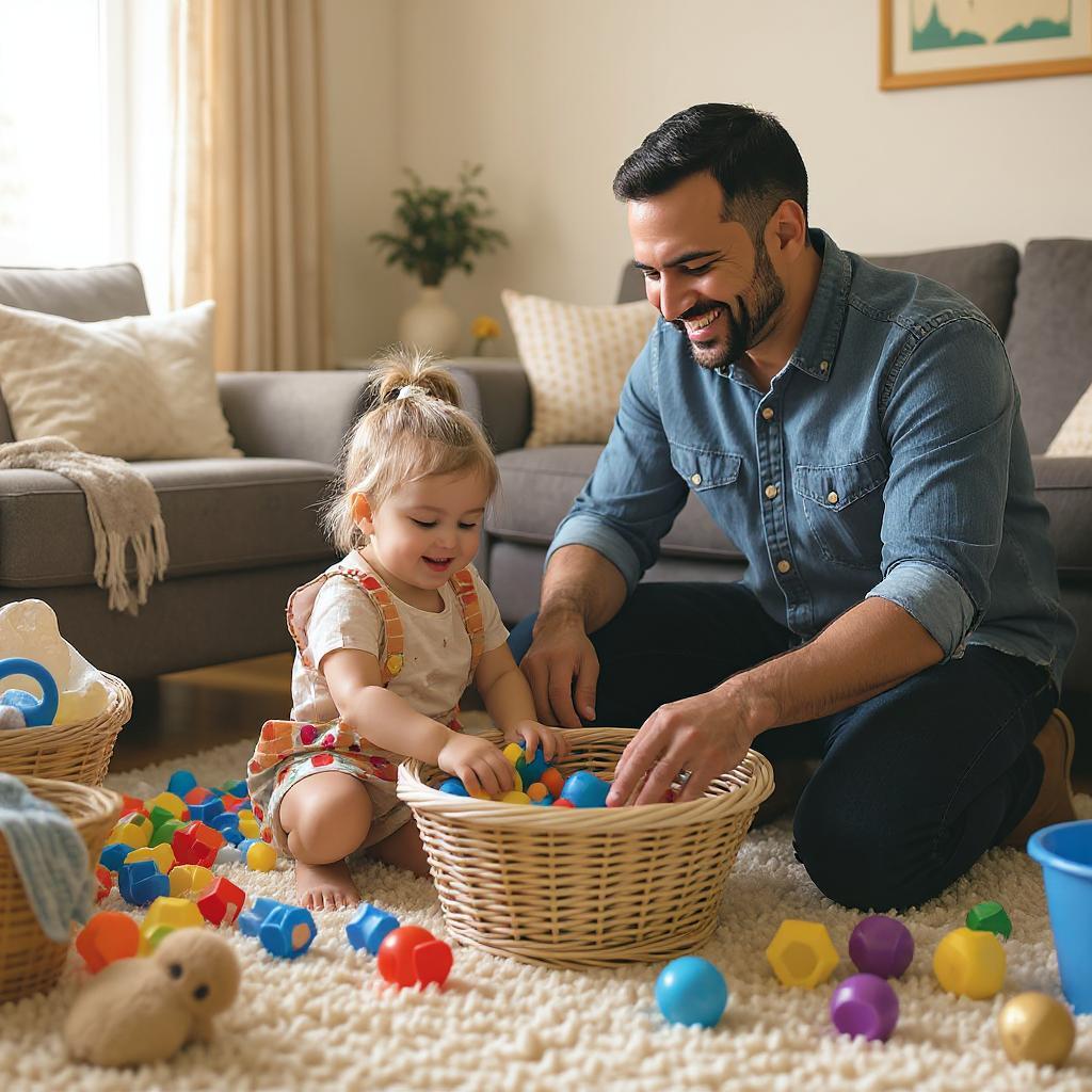 A father helps his toddler sort colorful toys into baskets, modeling age-appropriate chores for kids by stage.