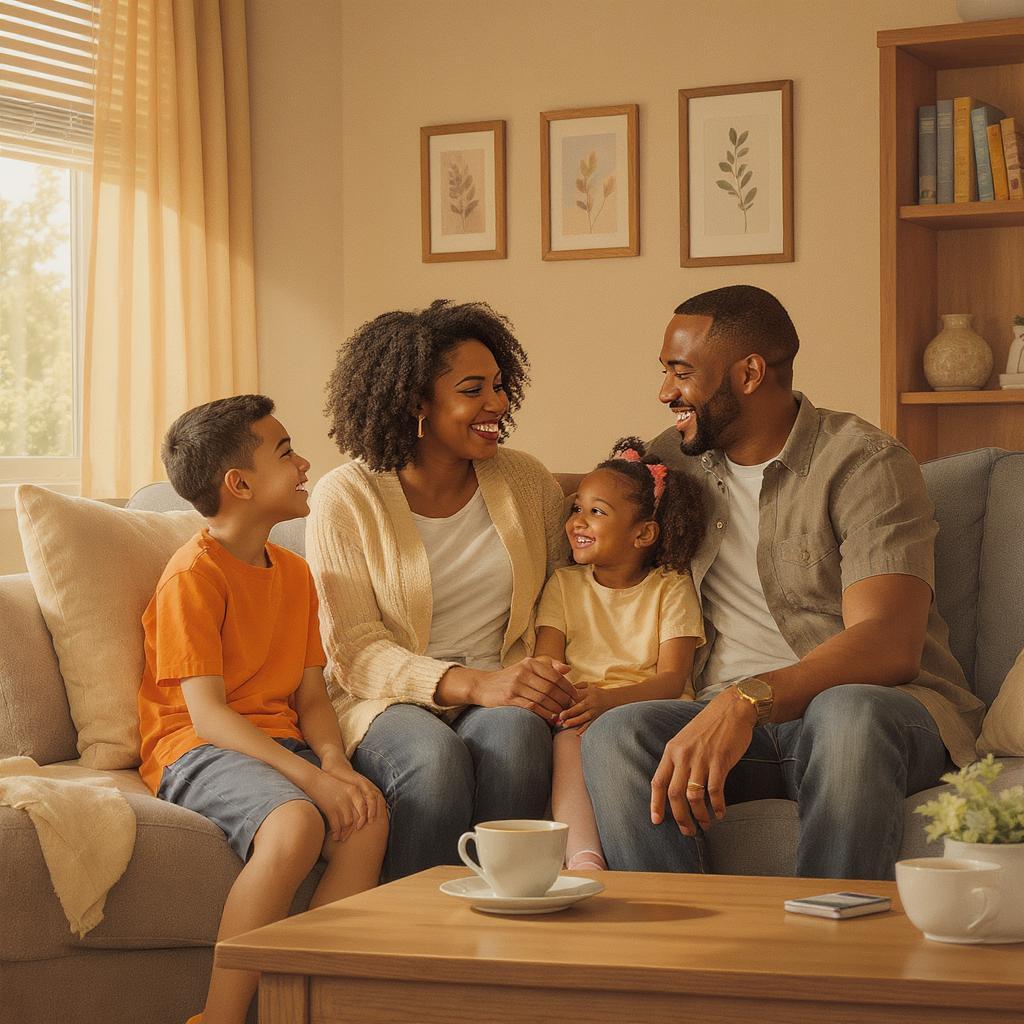 A joyful Black family of four is sitting close on a living room couch, smiling and talking together. This scene captures a family checking in and creating digital balance for the whole family through open, caring conversations.