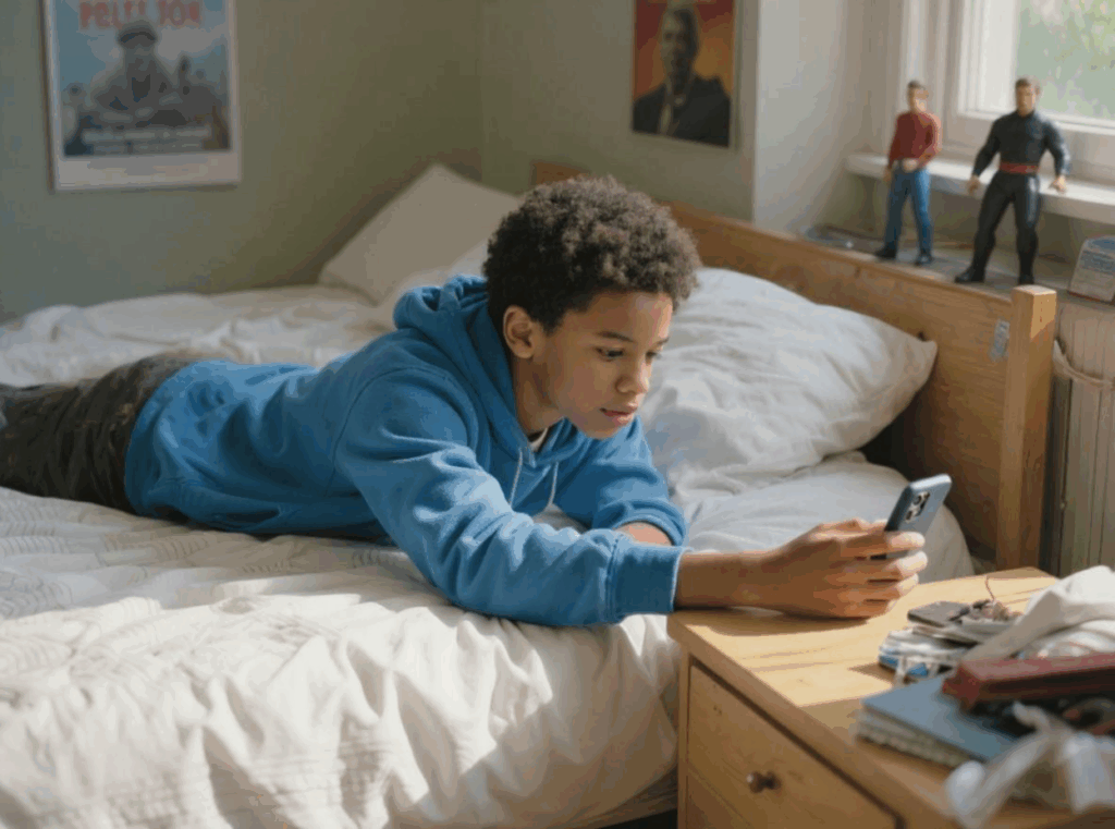 Tween boy practicing healthy tech habits