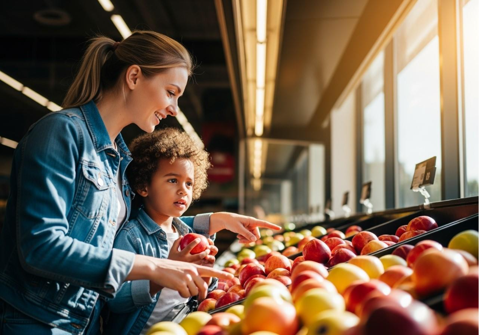 A mom and her child grocery shopping, showing how parents can support elementary math during everyday errands.