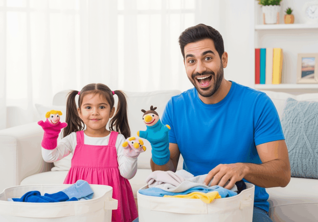Father and daughter using sock puppets during laundry as part of learning through play.