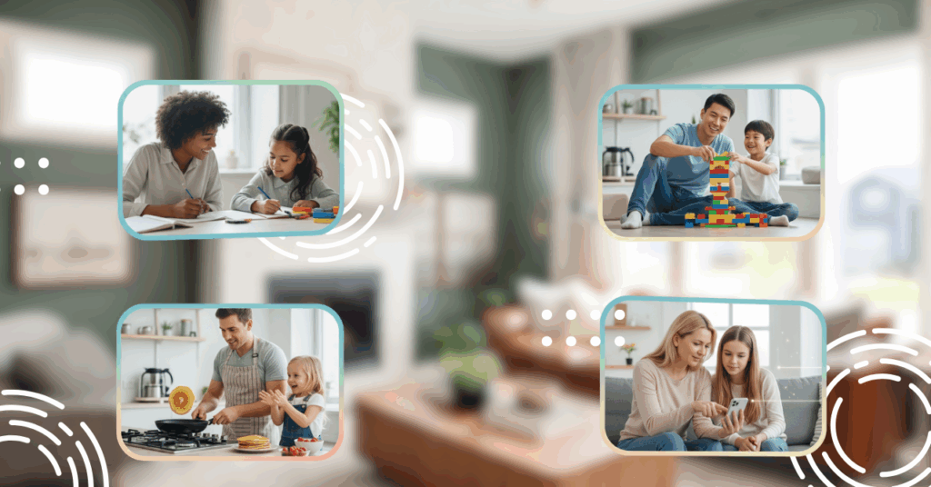 Families learning and connecting at home through community in online education.