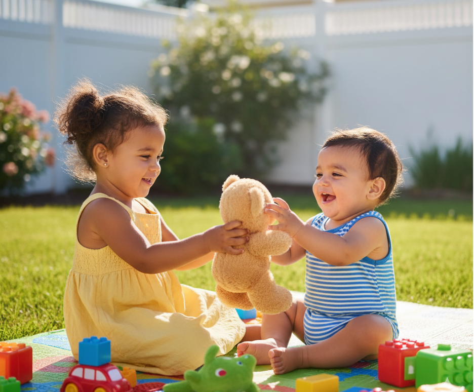 A warm scene of kids smiling and passing toys to one another, showing cooperation and teamwork. These social skills are key for helping children feel ready for kindergarten.