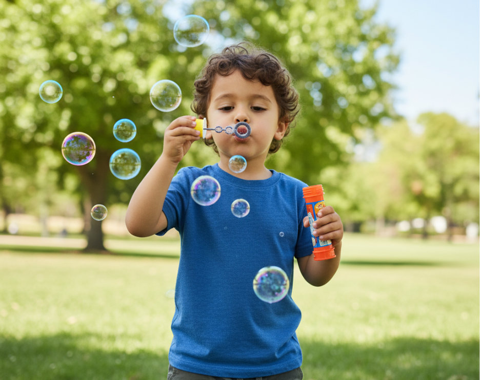 A preschool-aged boy in a blue shirt stands in the park, focused on blowing bubbles. The playful activity highlights how curiosity, focus, and hands-on experiences help children feel ready for kindergarten.