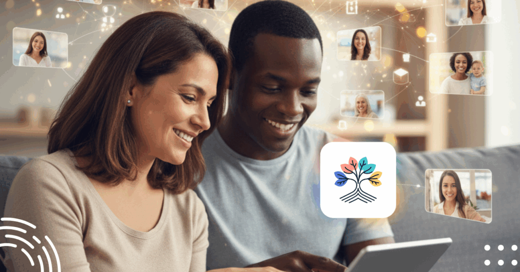 Parents smiling while using a tablet, connected to others through community in online education.