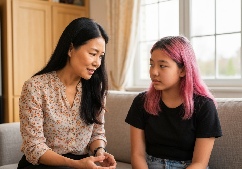 A parent and child sit together on a couch, engaged in a caring conversation. The relaxed, open body language reflects the supportive approach families can take when learning how to talk about cyberbullying — focusing on connection, listening, and understanding rather than fear.