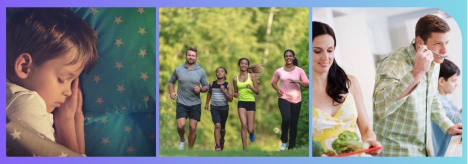 Child sleeping, family running outdoors, and parents cooking together.